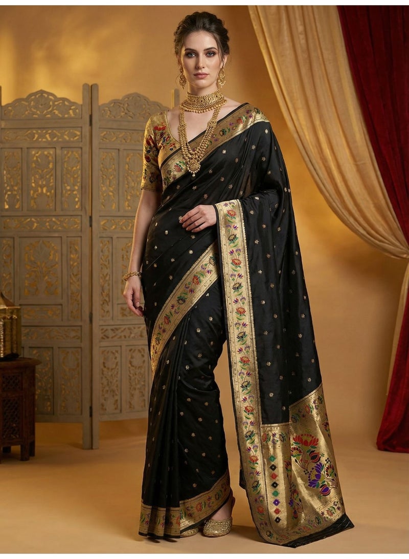 Grab Mantra Black Silk Saree With Golden Paithani Design Border And Pallu Plus Unstitched Blouse - Image 2